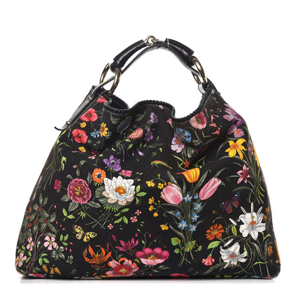 Gucci Canvas Flora Floral Large Horsebit Chain Hobo Black 1 of 13
