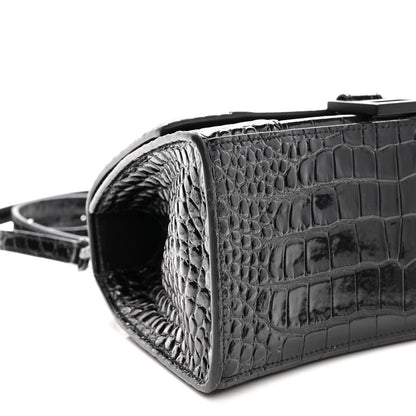 Balenciaga Shiny Calfskin Monochrome Crocodile Embossed Small Hourglass Top Handle Bag Black 8 of 10