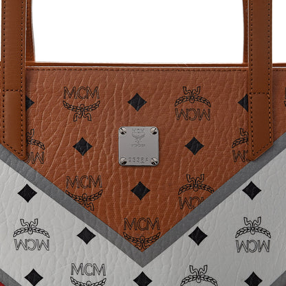 MCM Visetos Chevron Medium Colorblock Anya Zip Top Shopper Tote Cognac White Ruby Red 8 of 10