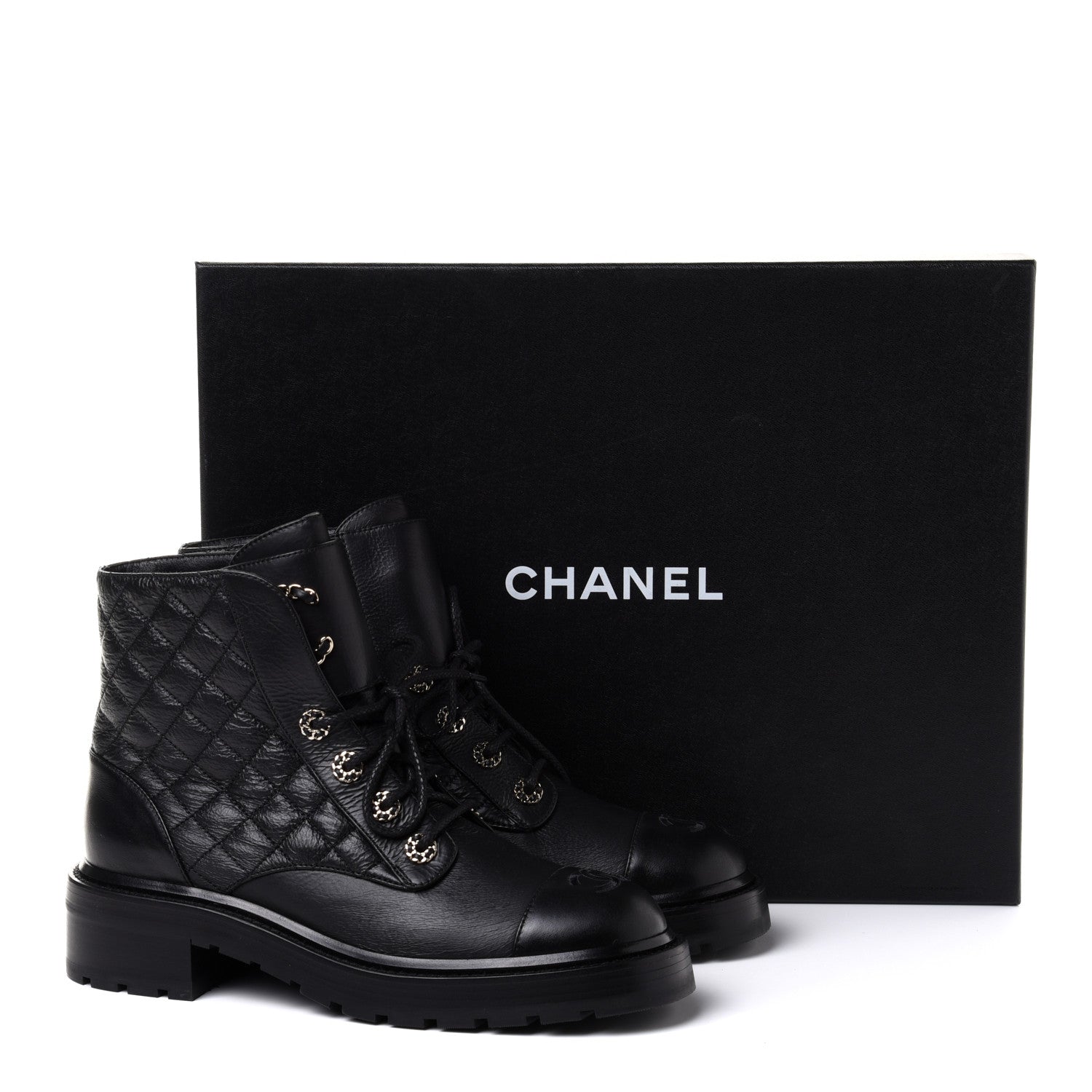 Chanel Shiny Goatskin Calfskin Quilted Lace Up Combat Boots 39 Black 10 of 10