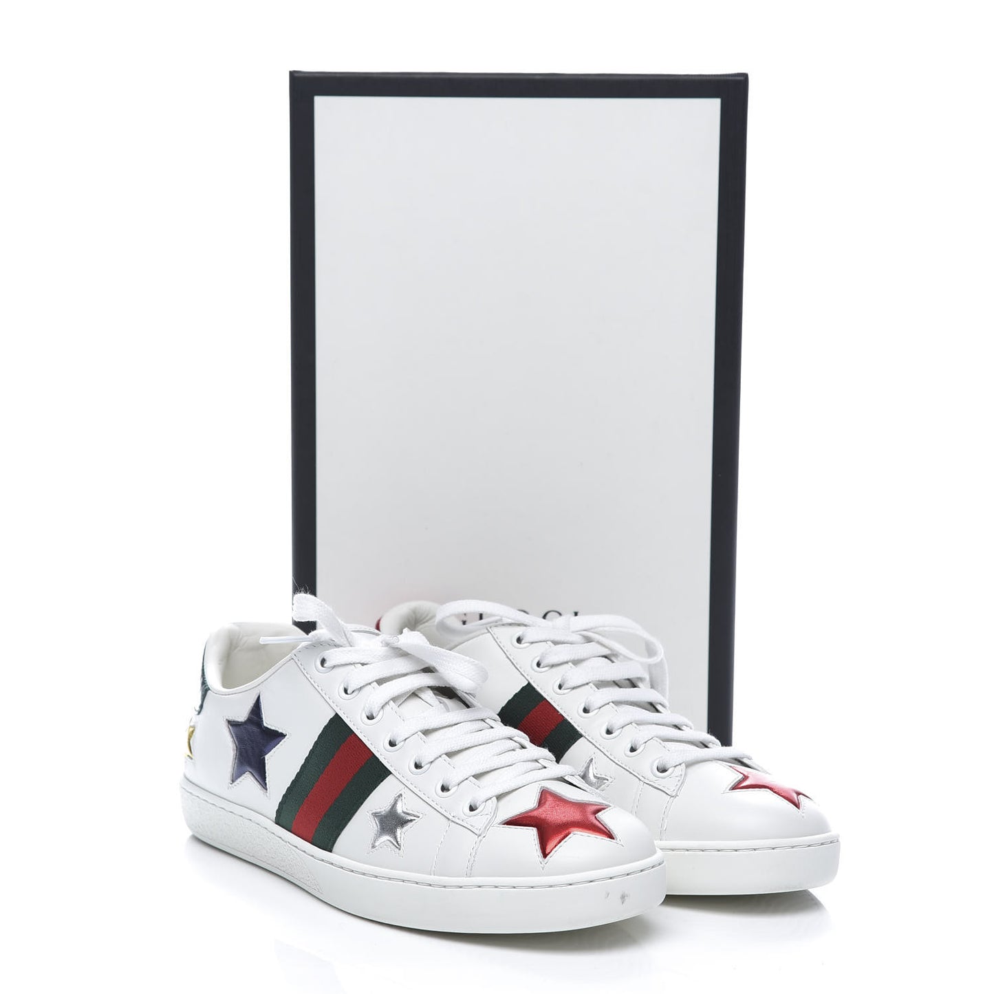 Calfskin Ayers Web Star Embroidered Womens Ace Sneakers 37.5 White Multi