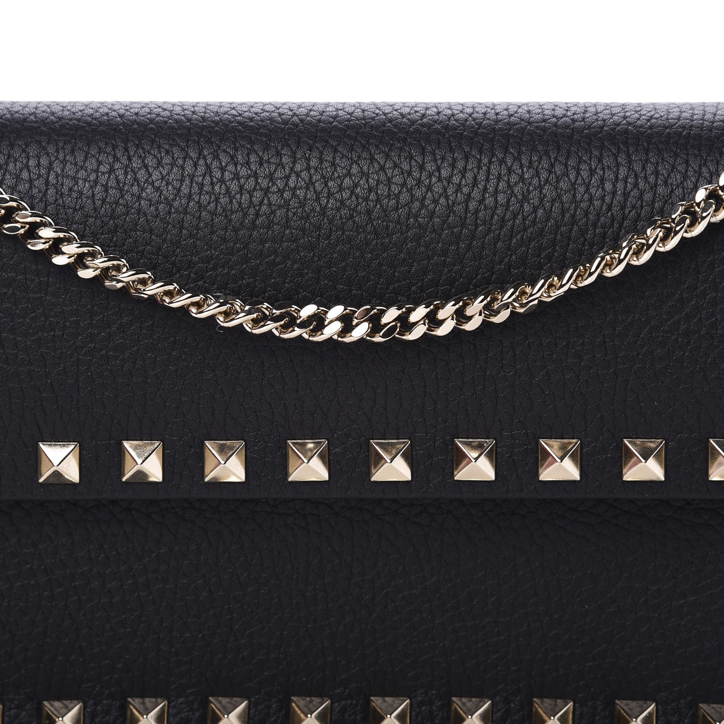 Pebbled Calfskin Rockstud Flap Wallet On Chain Black