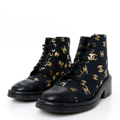 Chanel Lambskin Shearling Canvas CC Lace Up Boots 38.5 Black Gold 3 of 8