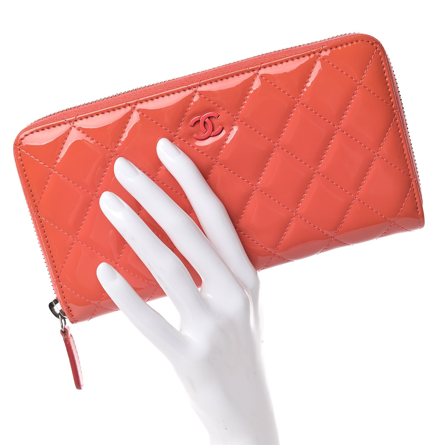 Chanel Patent Calfskin Quilted Large Gusset Zip Around Wallet Coral 2 of 7