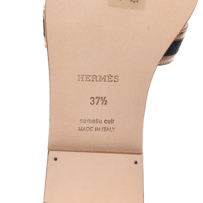 Hermes Calfskin Denim Oran Sandals 37.5 Bleu Brut Gold 6 of 9