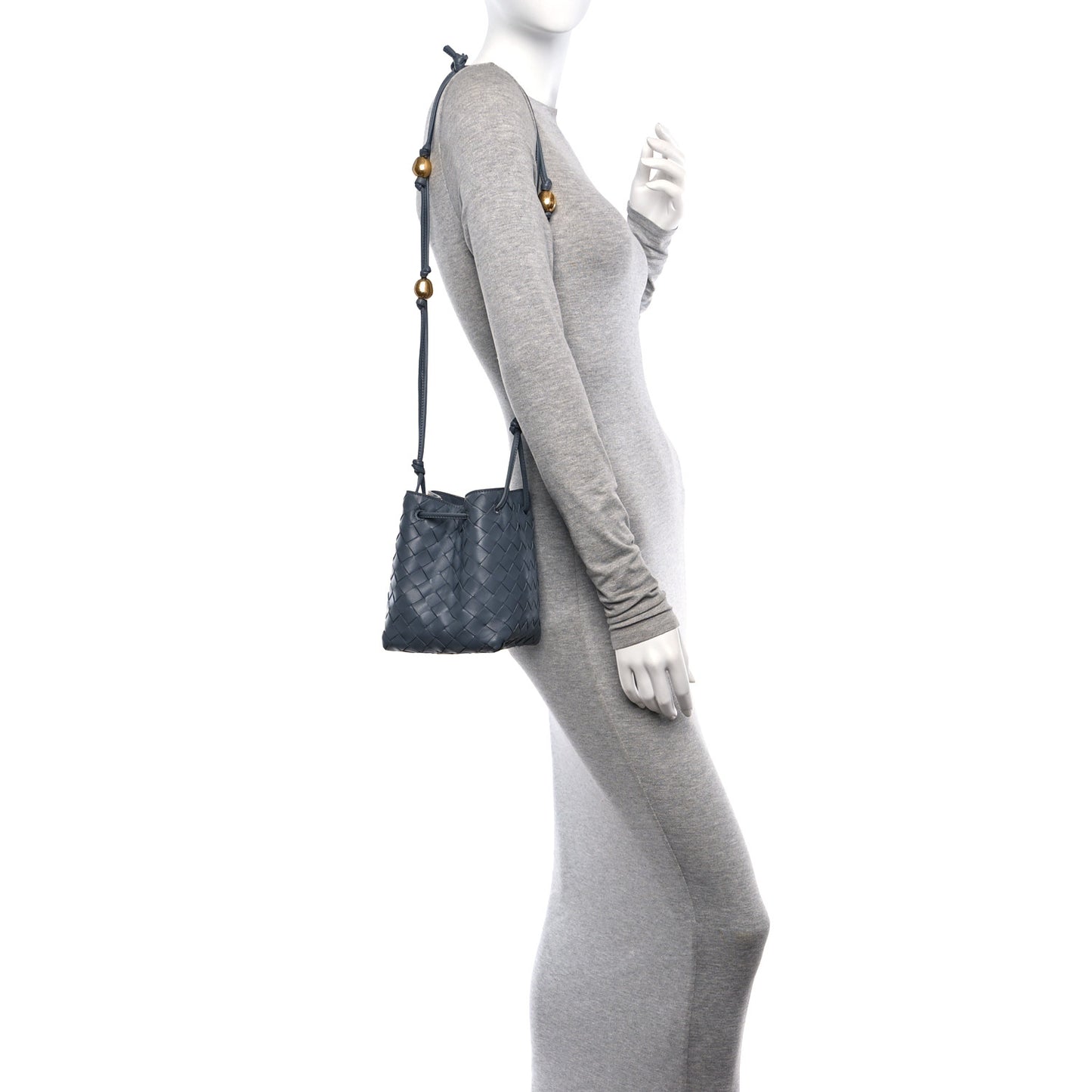 Nappa Intrecciato Small Drawstring Bucket Bag Thunder