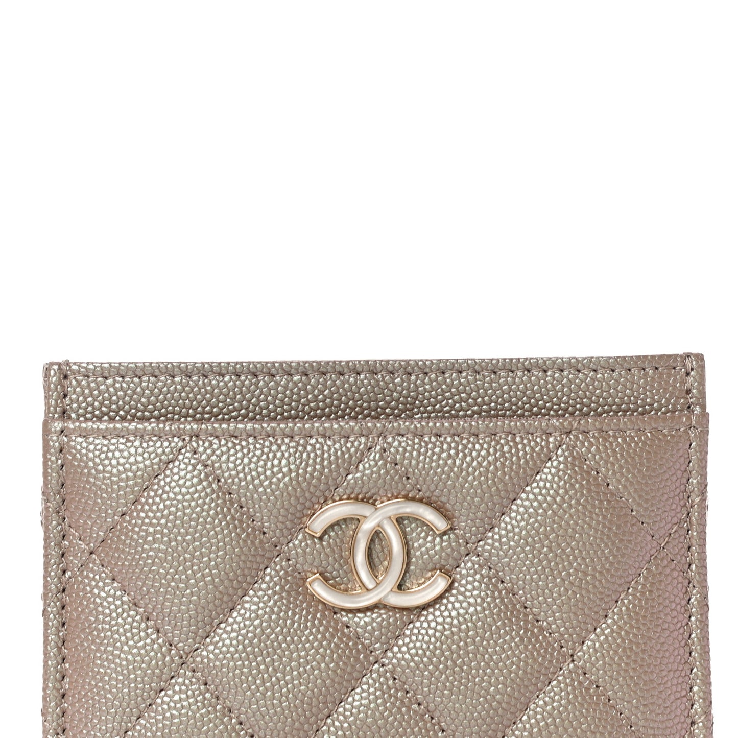 Iridescent Caviar Quilted Card Holder Beige