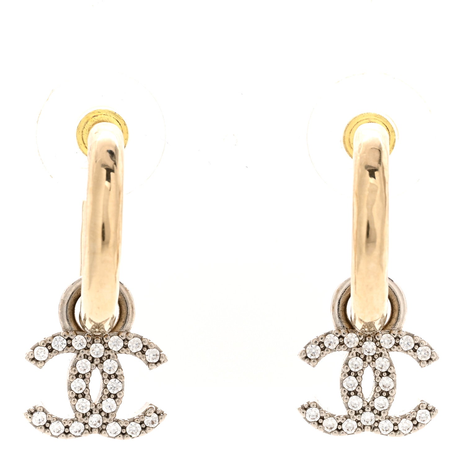 Chanel Metal Crystal CC Hoop Drop Earrings Gold 1 of 5