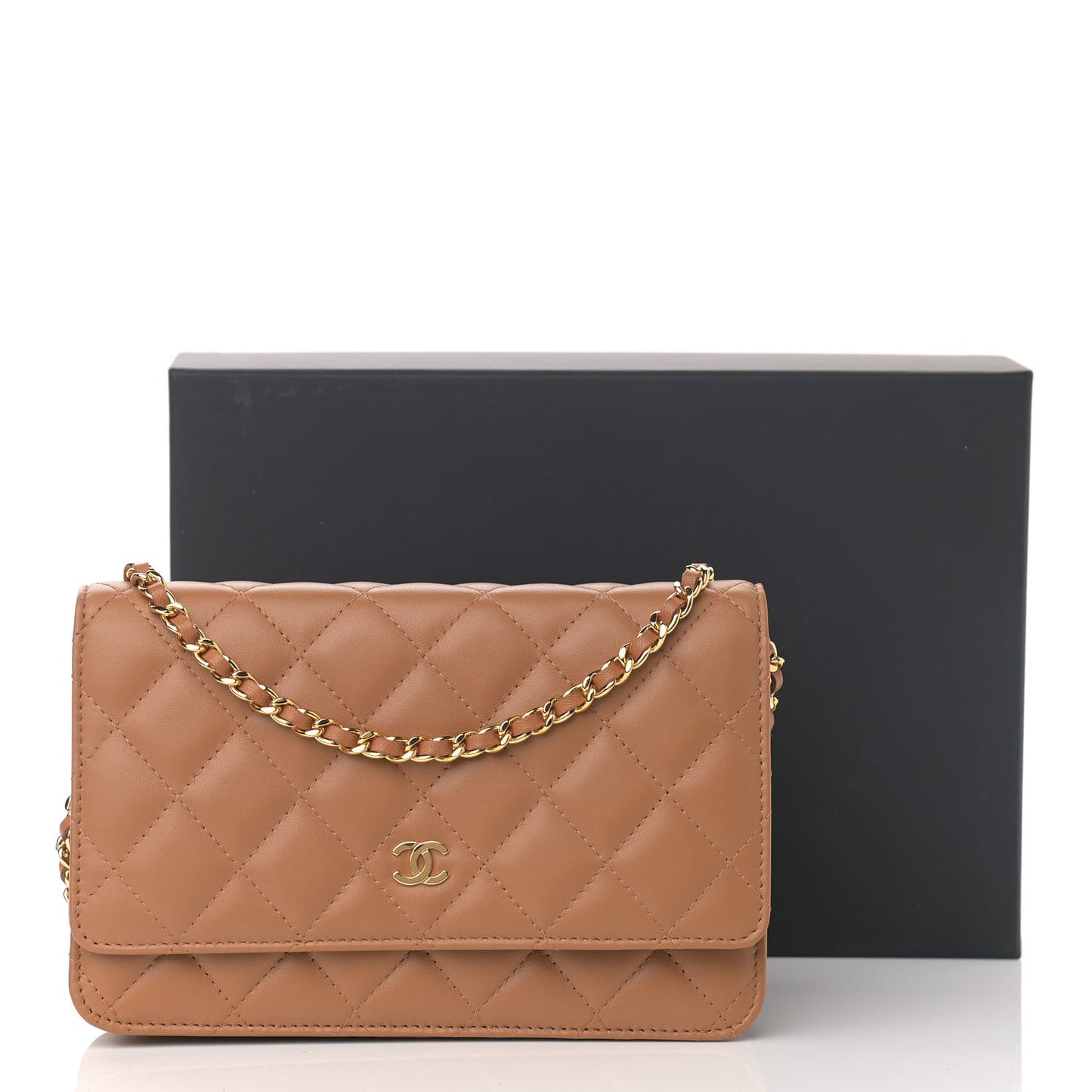 Lambskin Quilted Wallet on Chain WOC Dark Beige