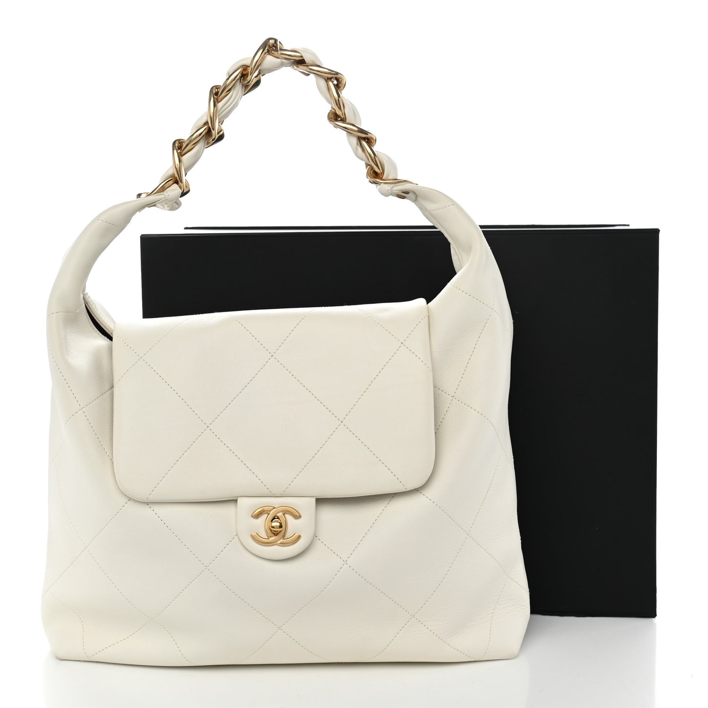 Calfskin Quilted Small Maxi Chain Hobo White