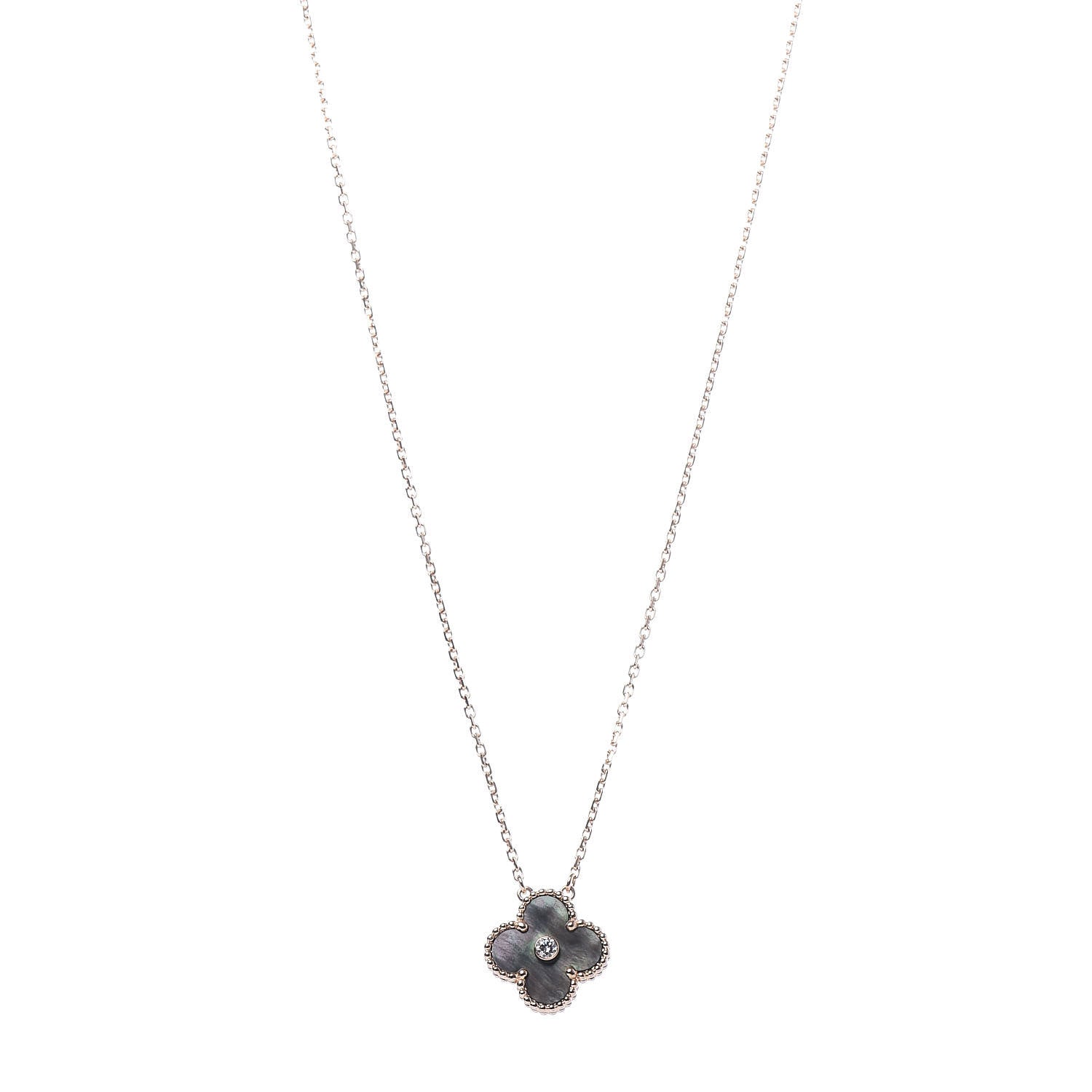Van Cleef & Arpels 18K Rose Gold Diamond Grey Mother of Pearl Vintage Alhambra Pendant Necklace 1 of 8