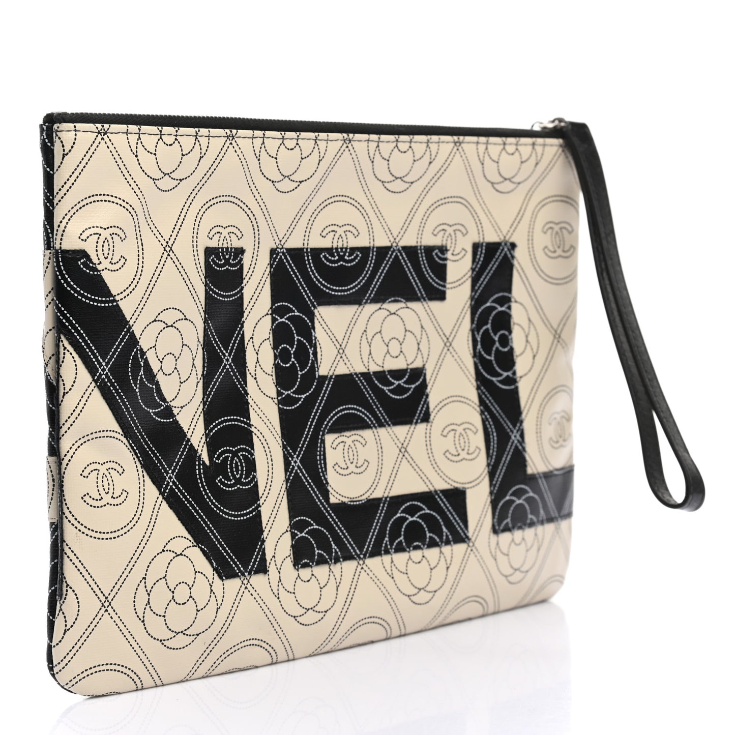 Coated Canvas Calfskin Camellia Printed Pouch Black Beige