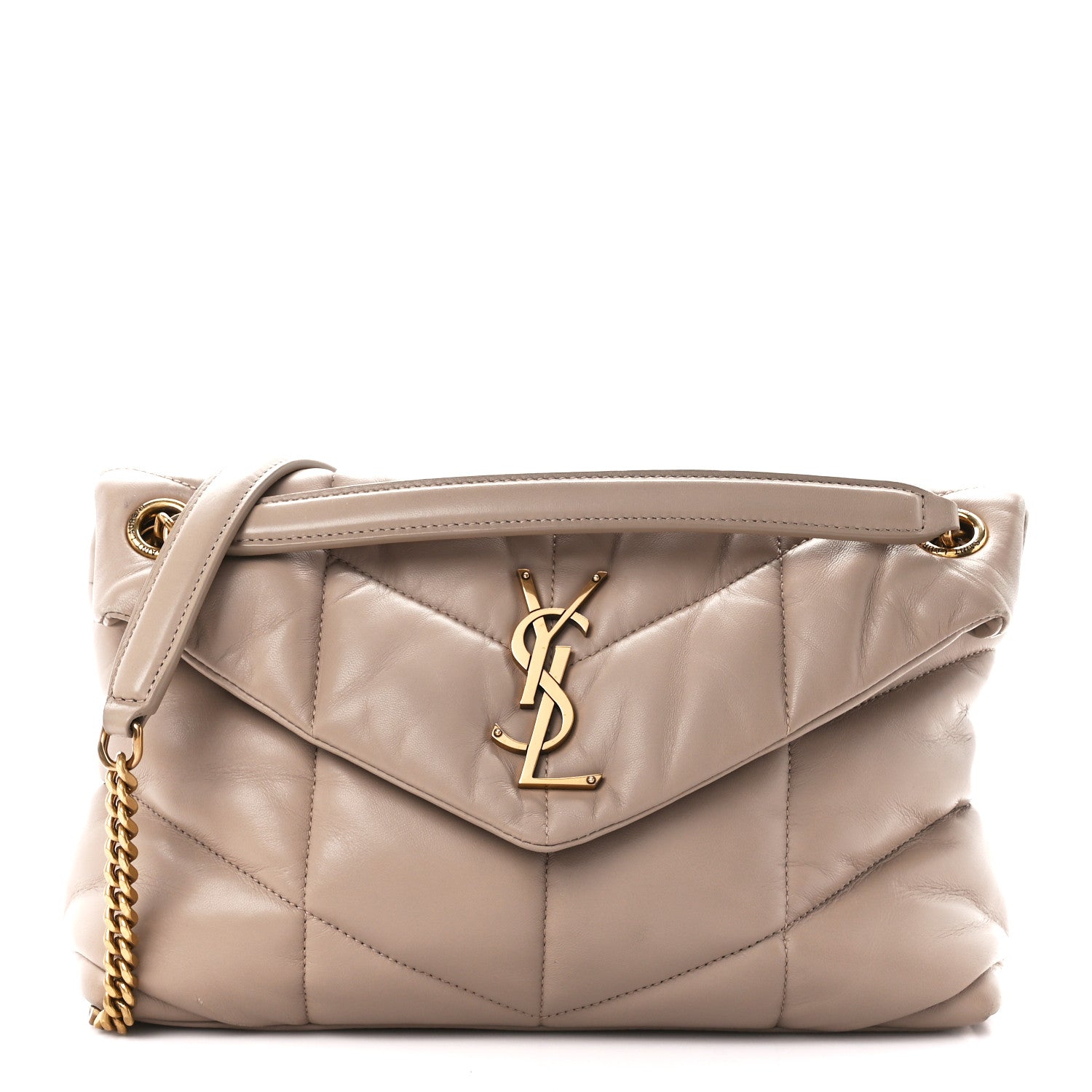 Saint Laurent Lambskin Quilted Small Loulou Puffer Monogram Chain Satchel Dark Beige 1 of 11