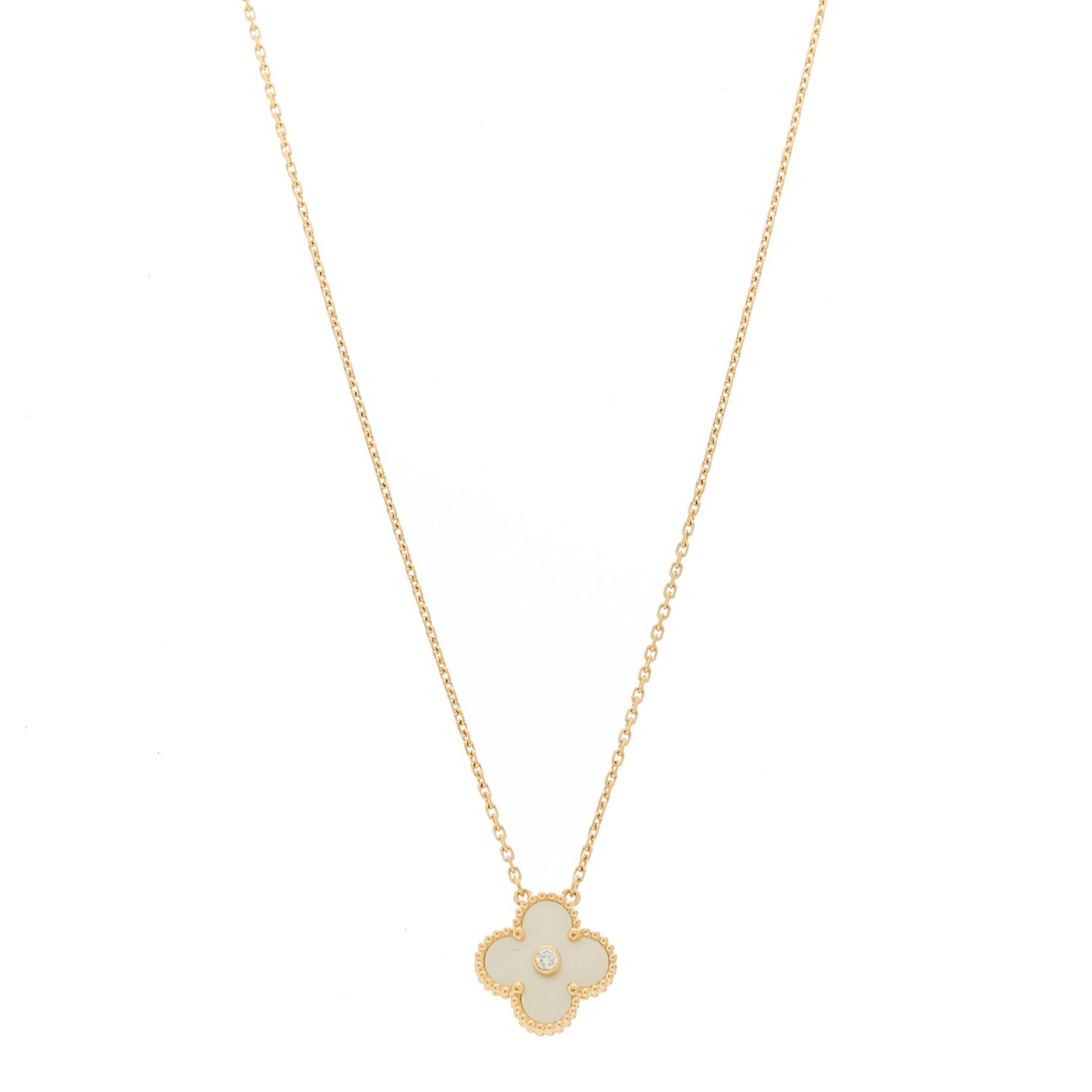 18K Yellow Gold Diamond Yellow Mother of Pearl Vintage Alhambra Pendant Necklace