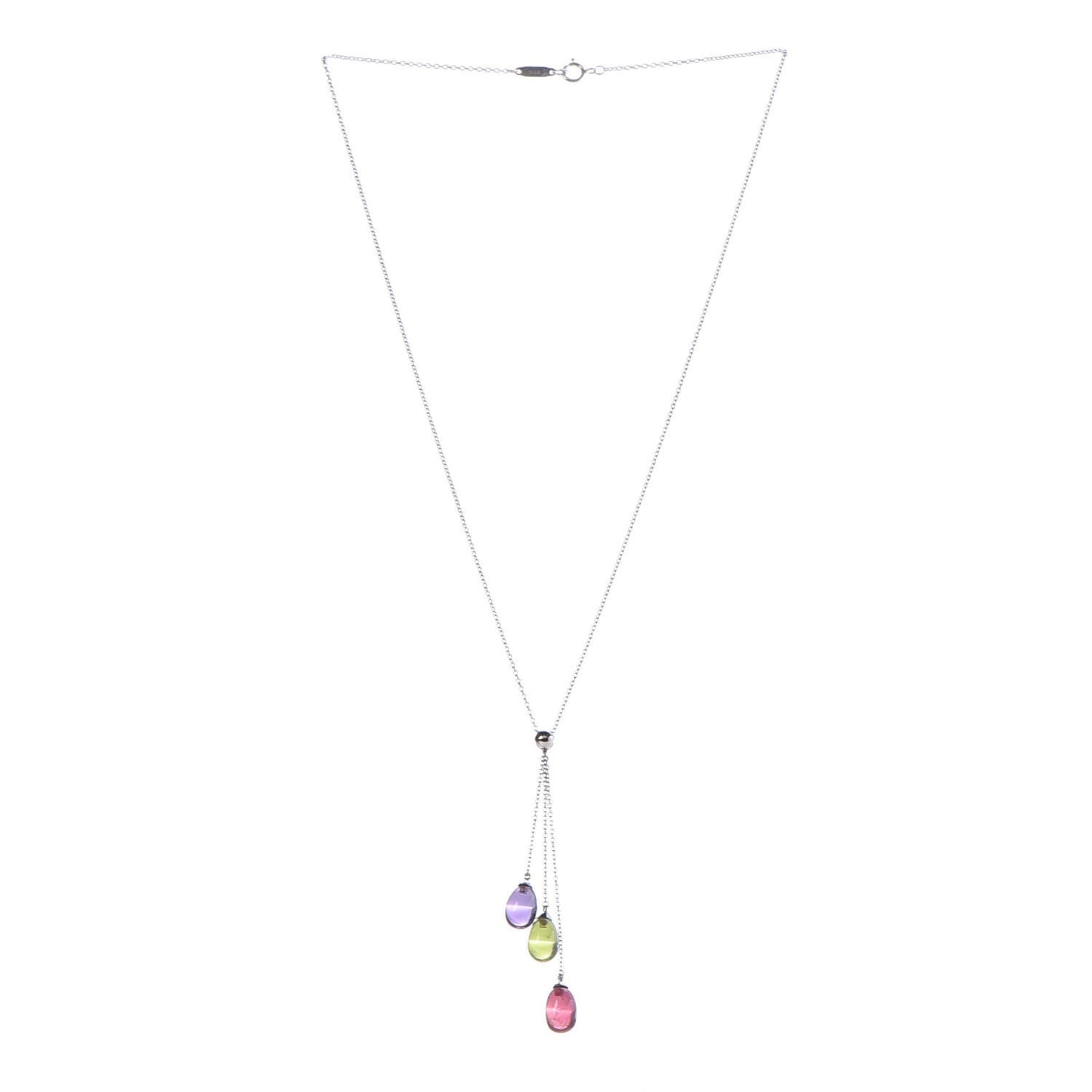 18K White Gold Amethyst Peridot Pink Tourmaline Rainbow Drops Three Stone Necklace
