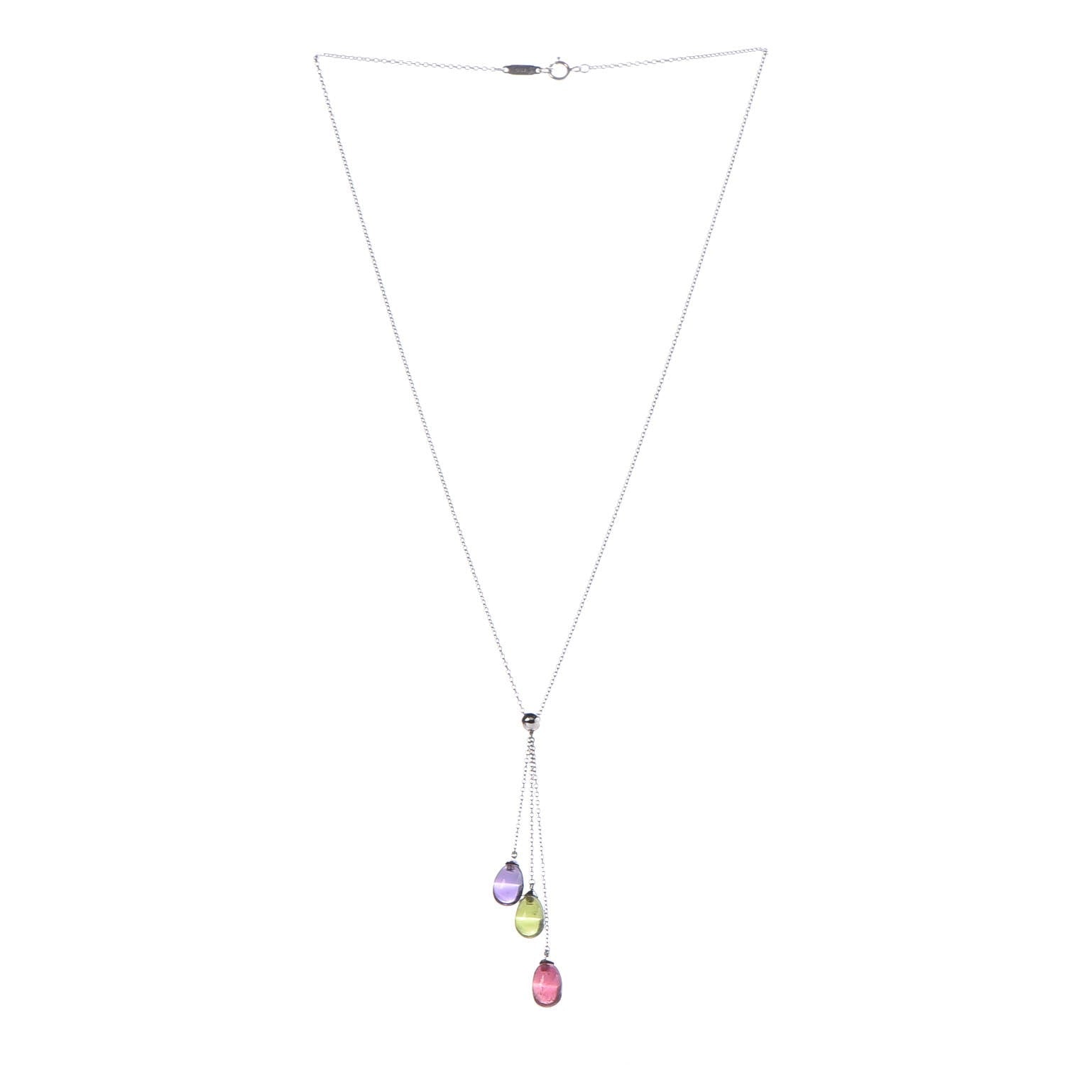 Tiffany 18K White Gold Amethyst Peridot Pink Tourmaline Rainbow Drops Three Stone Necklace 3 of 7