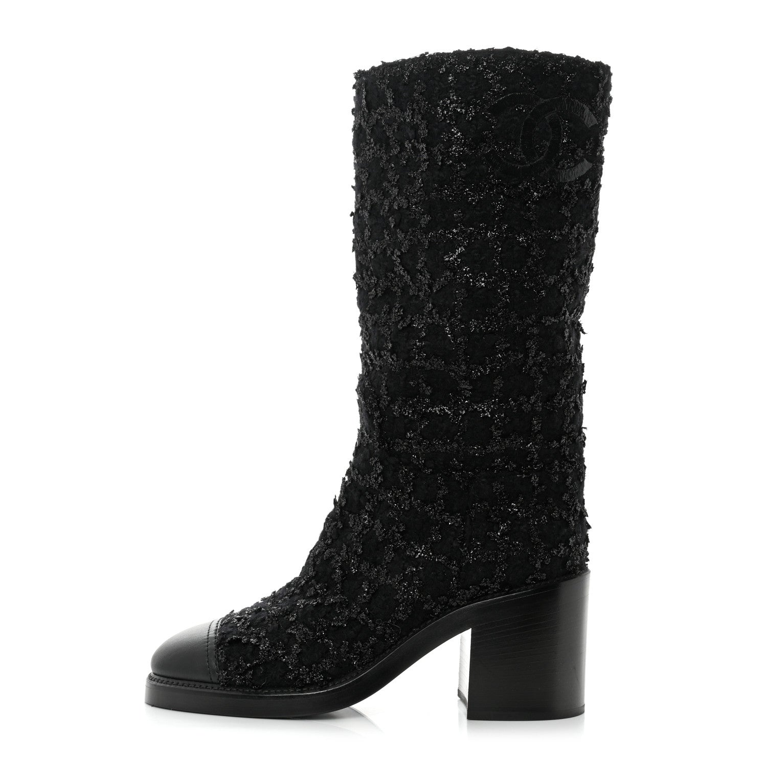 Chanel Iridescent Wool Silk Tweed Calfskin CC Cap Toe High Boots 39 Black 1 of 9