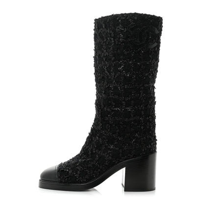 Chanel Iridescent Wool Silk Tweed Calfskin CC Cap Toe High Boots 39 Black 1 of 9