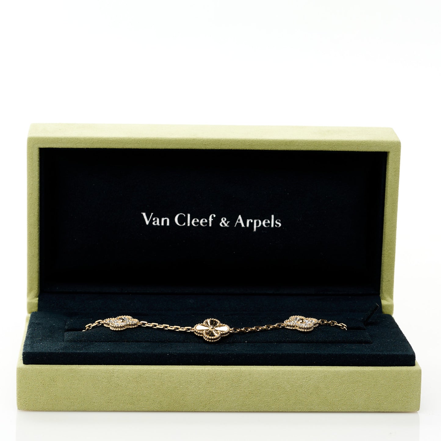 18K Yellow Gold Diamond 5 Motifs Guilloche Vintage Alhambra Bracelet