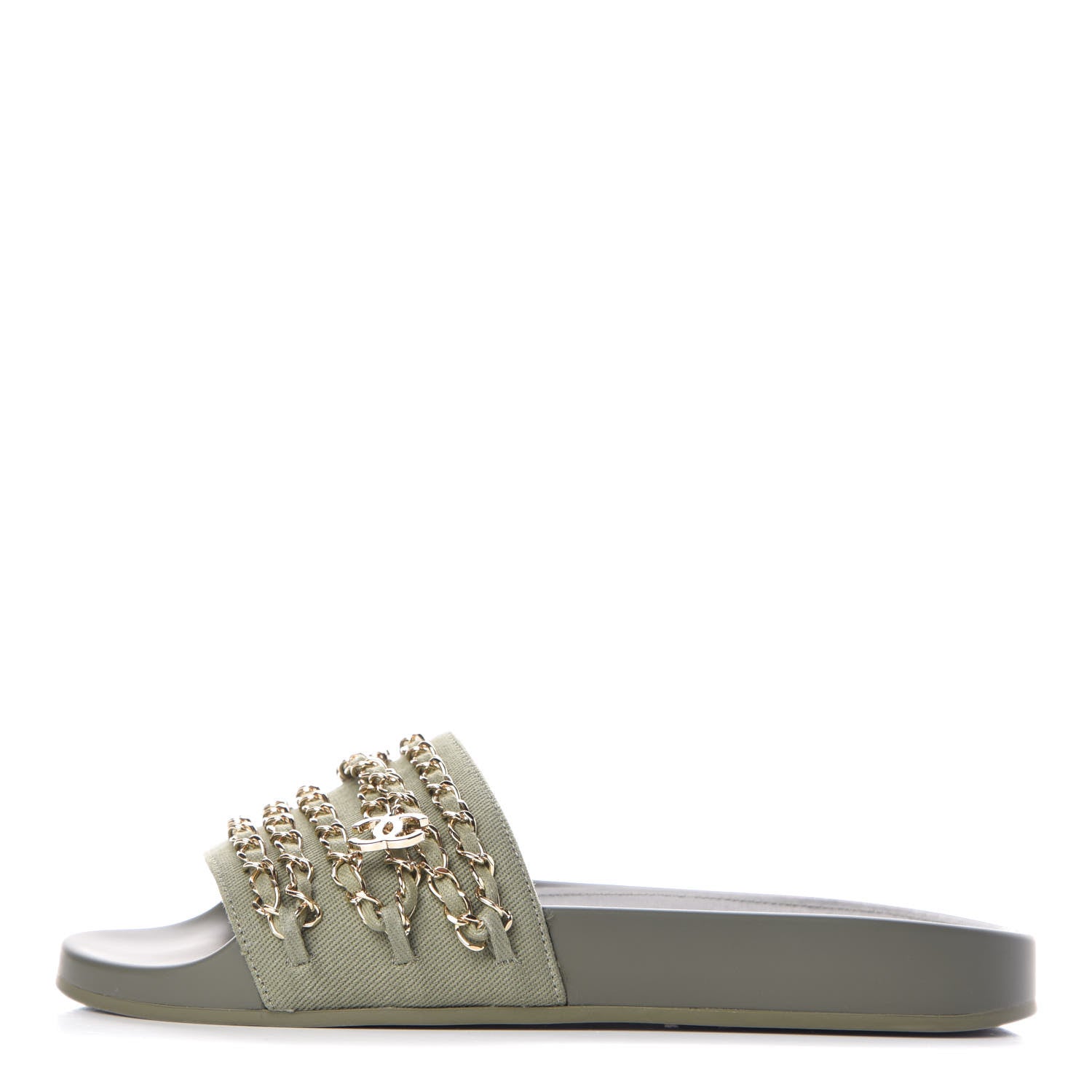 Chanel Canvas Chain Flat Sandals 38 Khaki 1 of 10