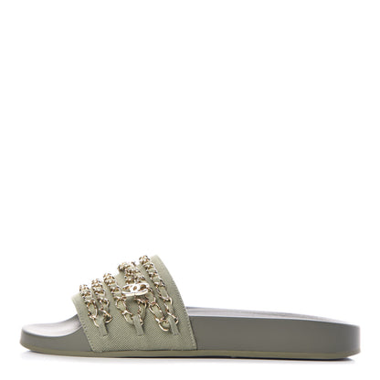 Chanel Canvas Chain Flat Sandals 38 Khaki 1 of 10