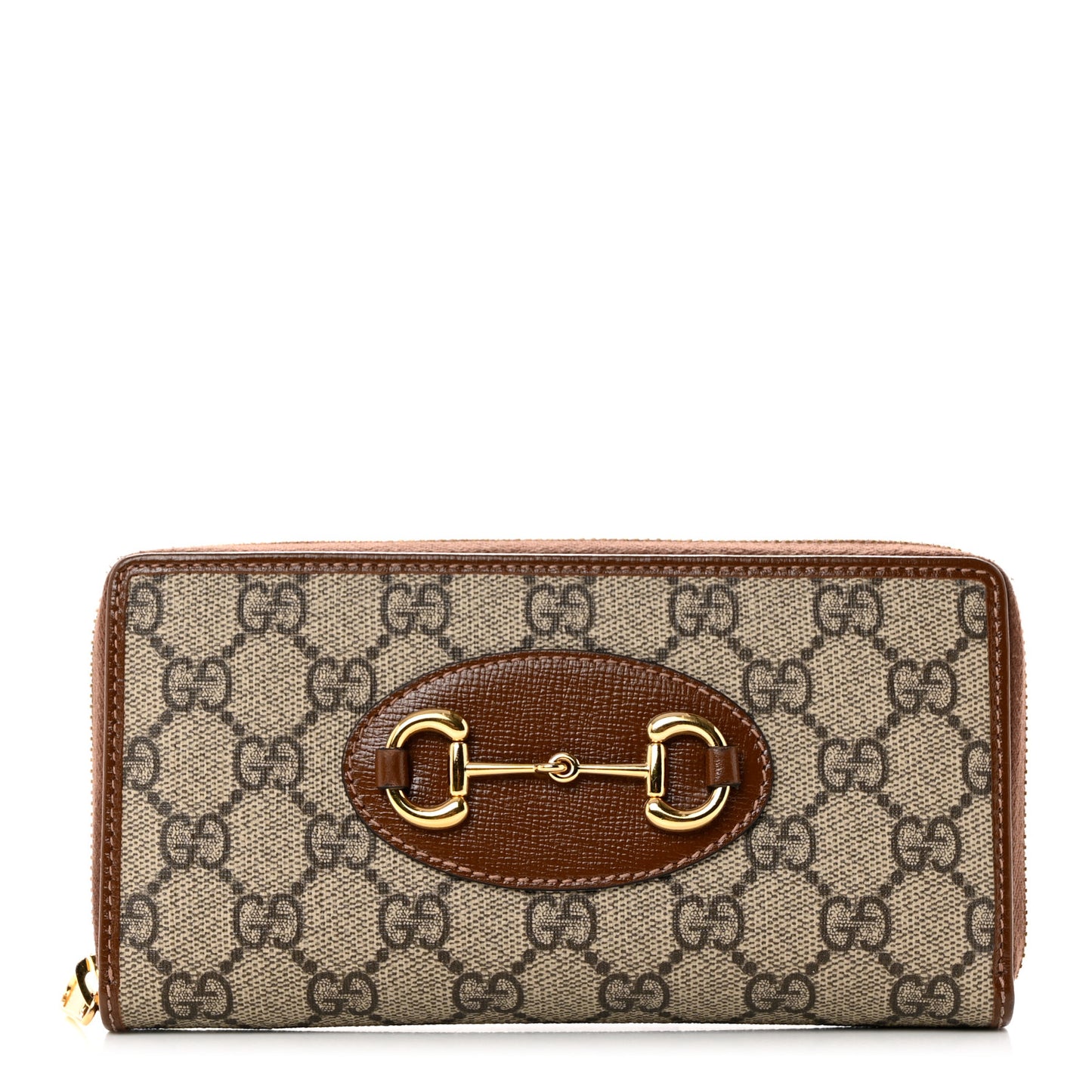 GG Supreme Monogram Azalea Calfskin Horsebit 1955 Zip Around Wallet Beige Ebony Brown Sugar