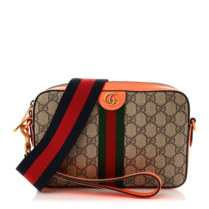 Gucci GG Supreme Monogram Textured Dollar Calfskin Web Ophidia Wristlet Shoulder Bag Beige Ebony Orange 1 of 10
