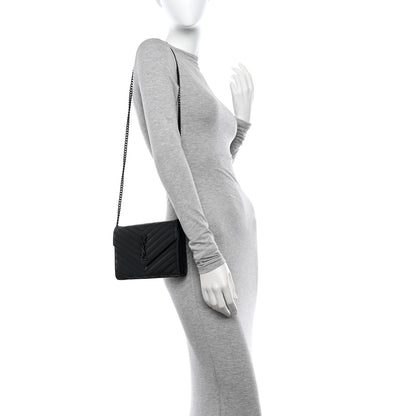 Saint Laurent Grain De Poudre Matelasse Chevron Monogram Monochrome Chain Wallet Black 2 of 16