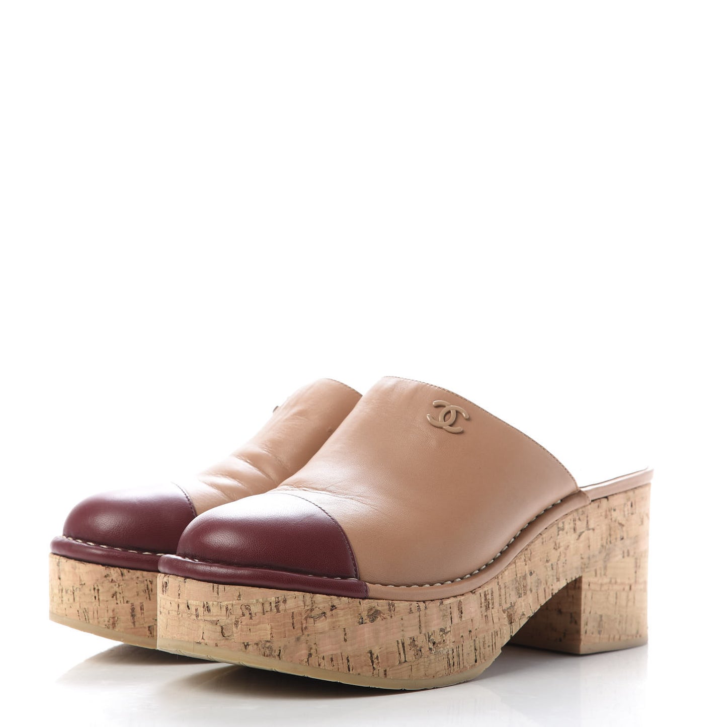Calfskin Cork Cap Toe CC Clogs 41 Beige Burgundy