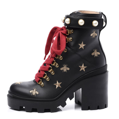 Gucci Calfskin Bee Star Embroidered Lace Up Combat Ankle Boots 37 Black 1 of 11