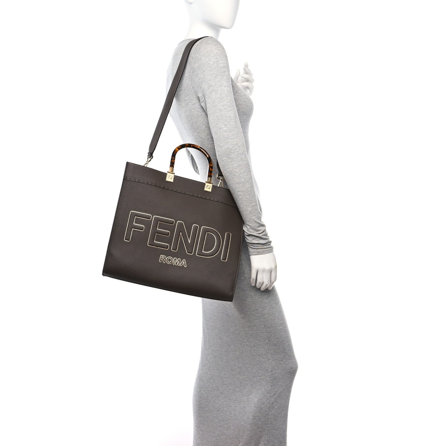 Vitello Cher Plexiglass Logo Debossed Medium Fendi Sunshine Shopper Tote Gianduia Gold