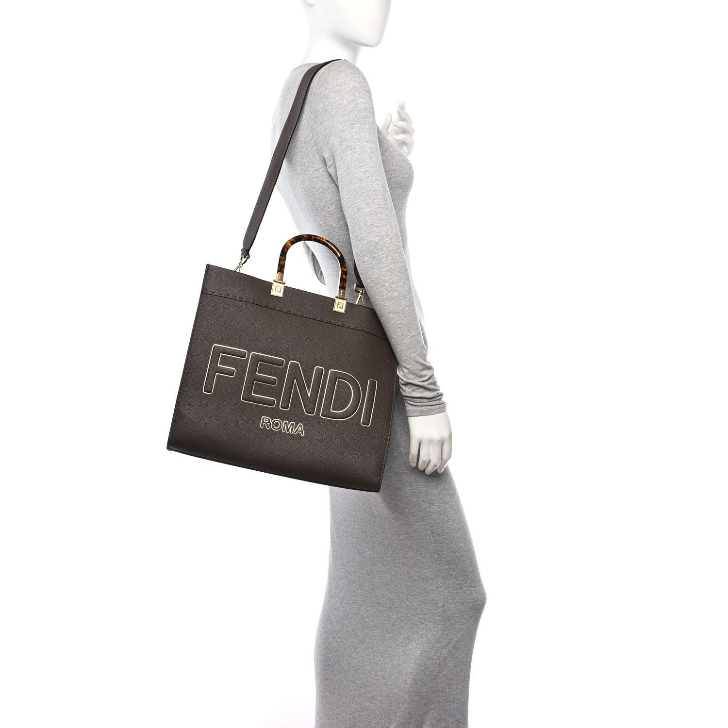 Fendi Vitello Cher Plexiglass Logo Debossed Medium Fendi Sunshine Shopper Tote Gianduia Gold 2 of 10