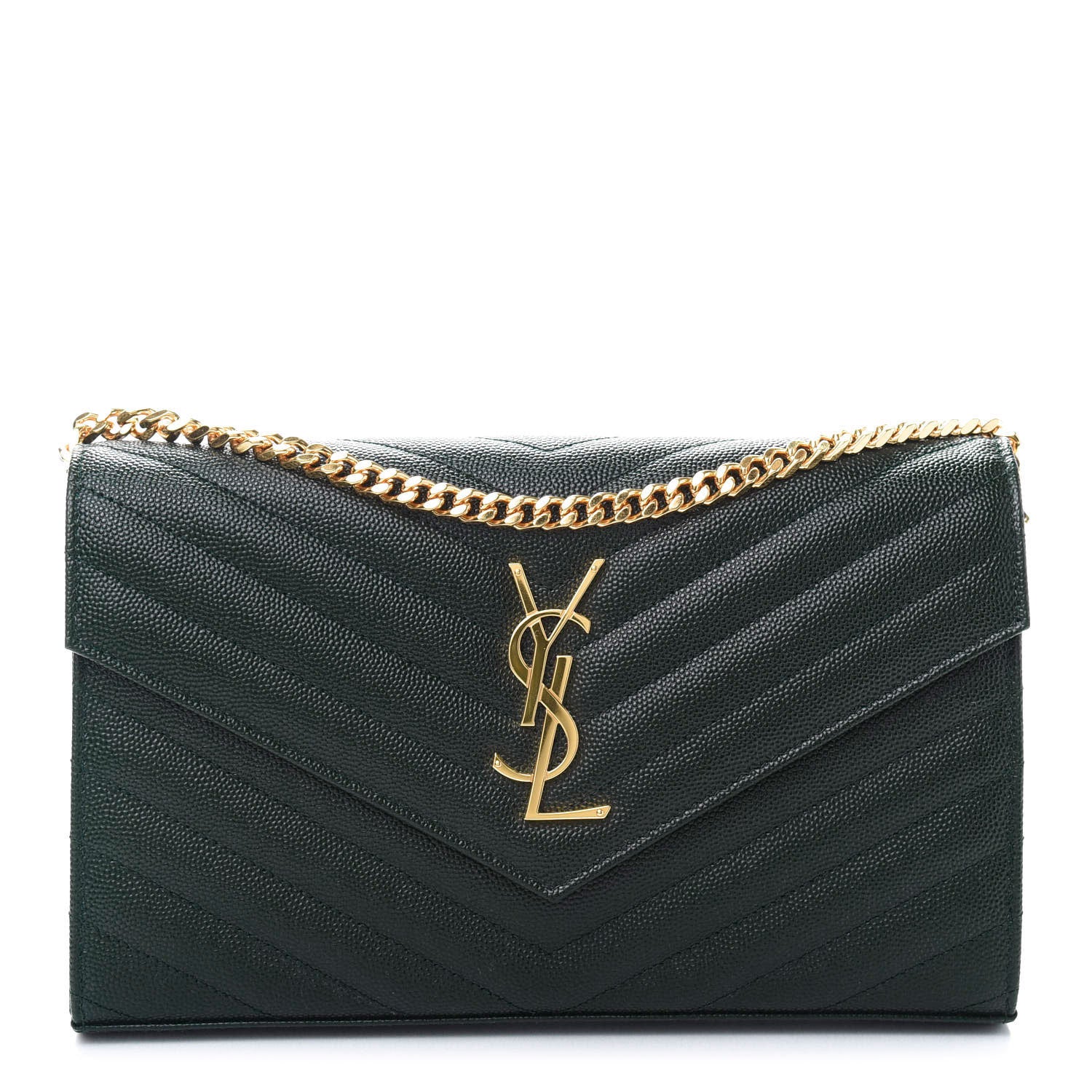 Saint Laurent Grain De Poudre Matelasse Chevron Monogram Chain Wallet Dark Green 1 of 11
