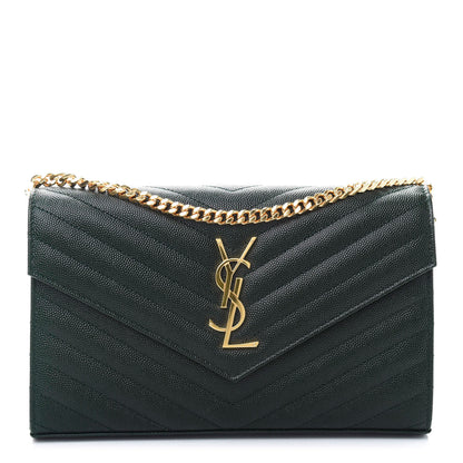 Saint Laurent Grain De Poudre Matelasse Chevron Monogram Chain Wallet Dark Green 1 of 11