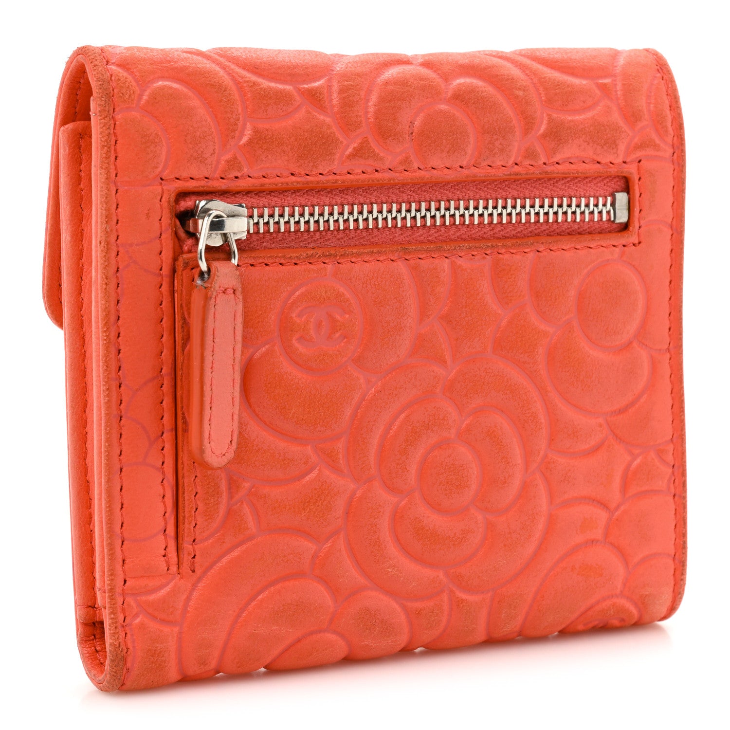 Chanel Caviar Camellia Embossed Compact Wallet Coral 3 of 14