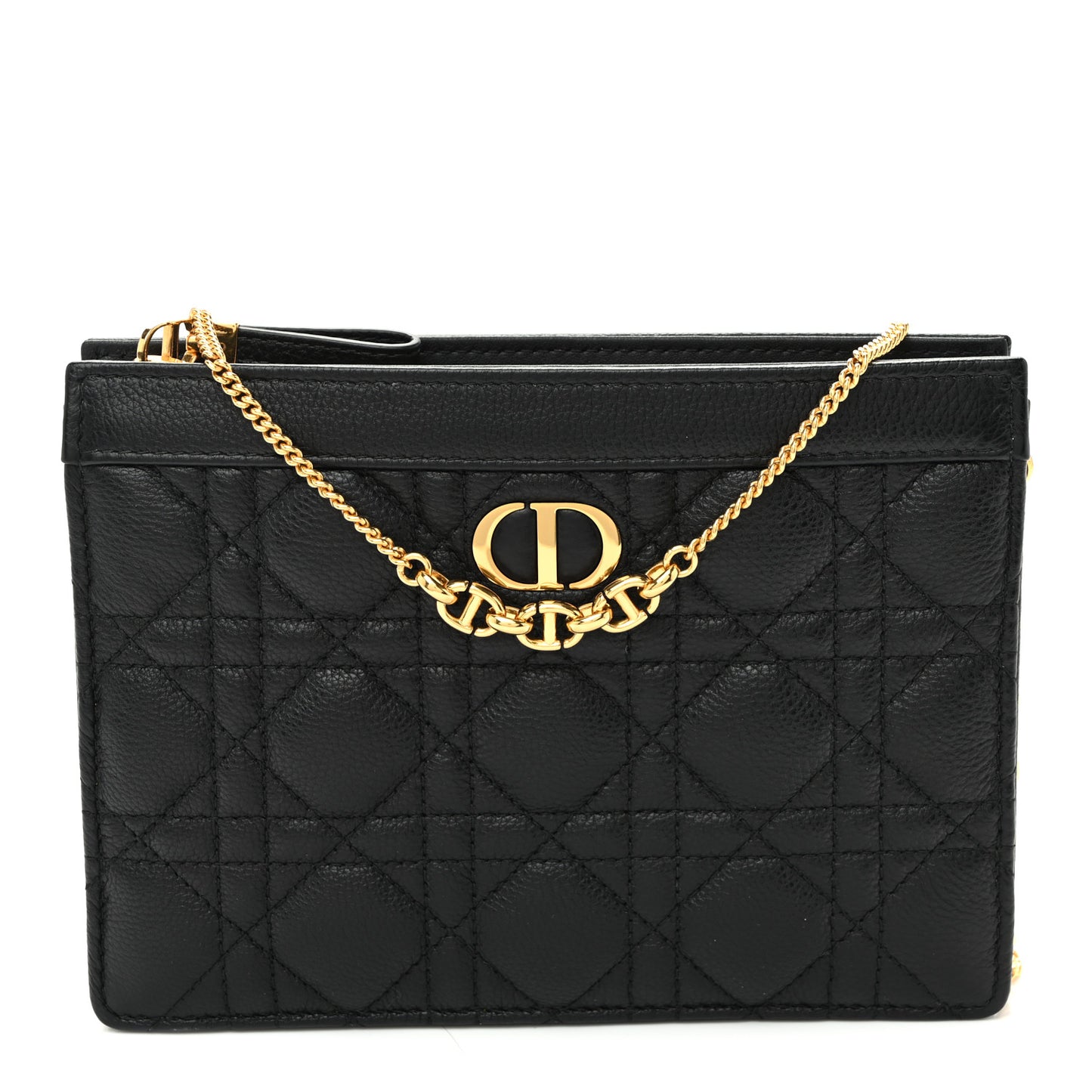 Calfskin Cannage Caro Zipped Pouch With Chain Black