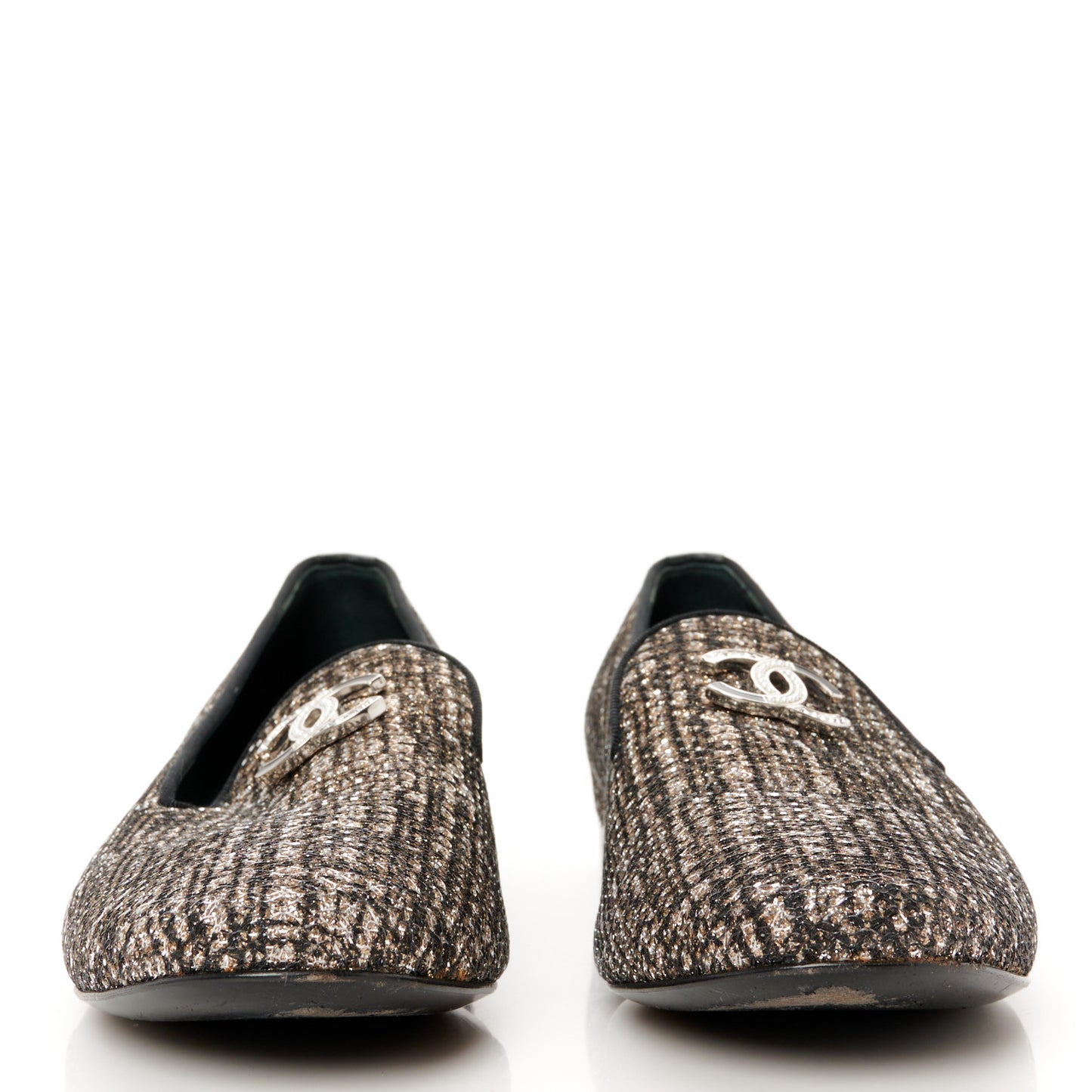 Fantasy Fabric Grosgrain CC Mocassin Loafers 37.5 Silver Black