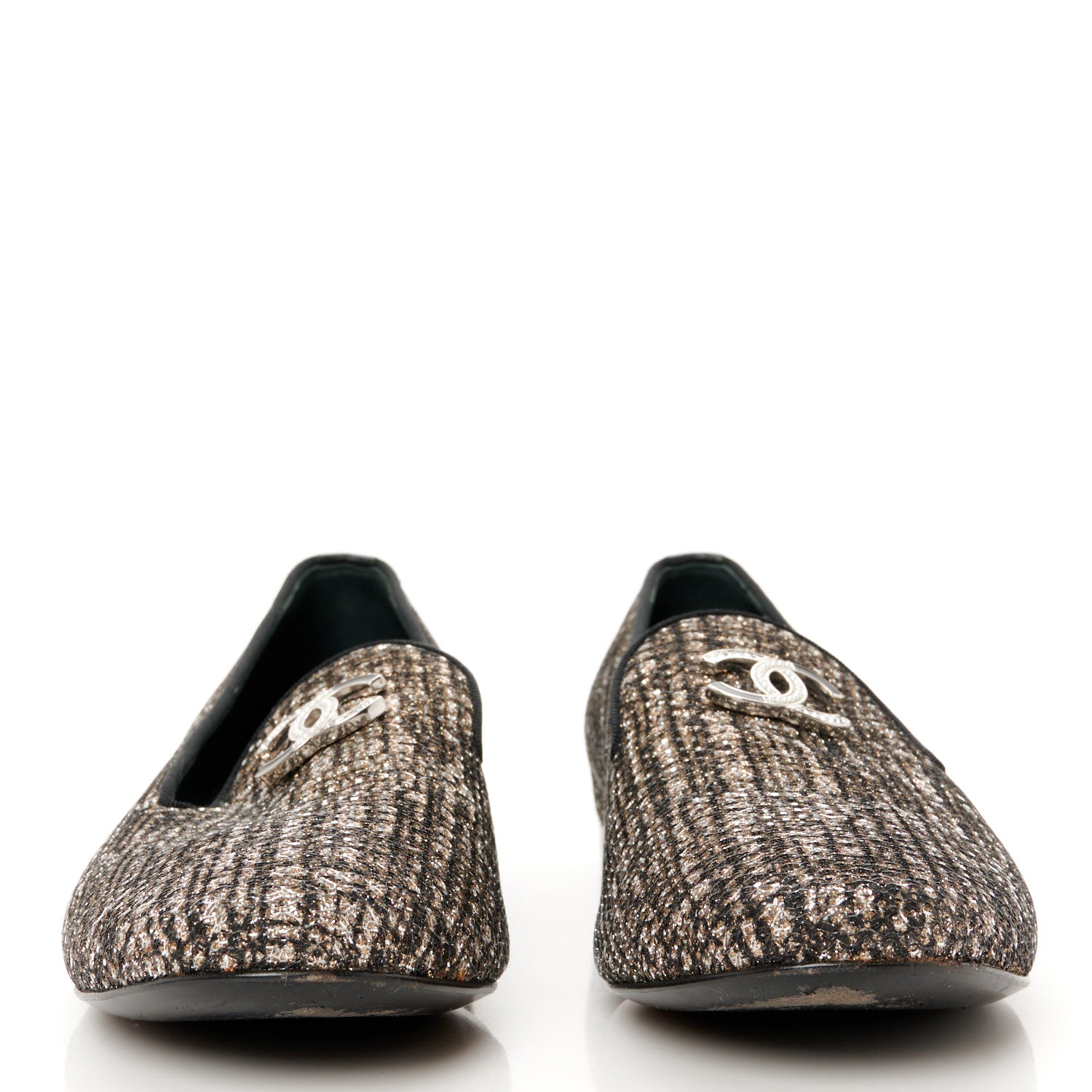 Chanel Fantasy Fabric Grosgrain CC Mocassin Loafers 37.5 Silver Black 3 of 10