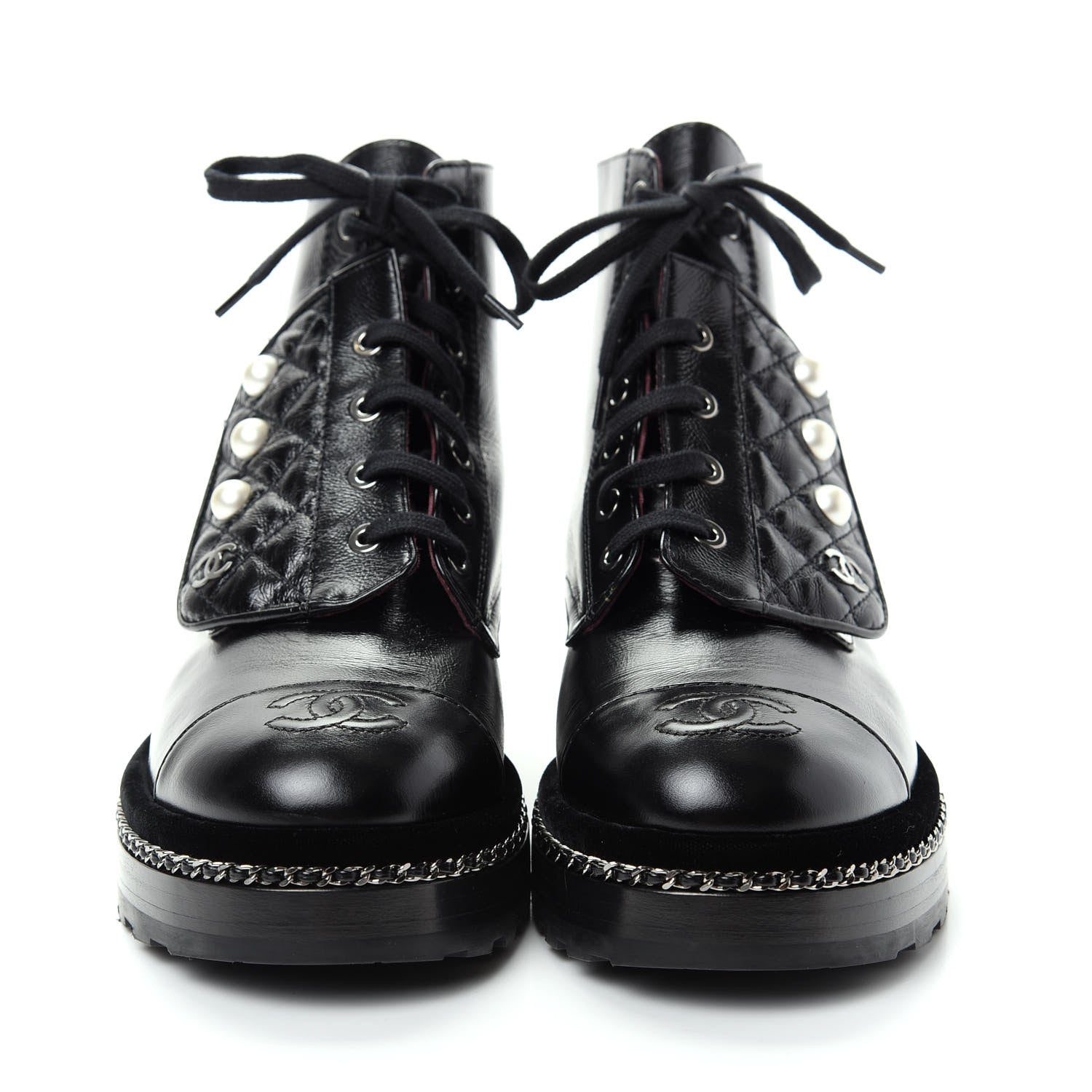Chanel Crackled Calfskin Velvet Pearl Combat Short Boots 38 Black 2 of 11