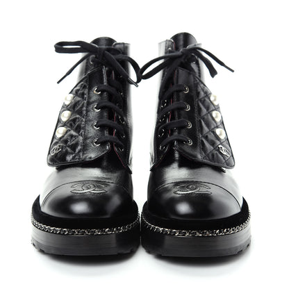 Chanel Crackled Calfskin Velvet Pearl Combat Short Boots 38 Black 2 of 11