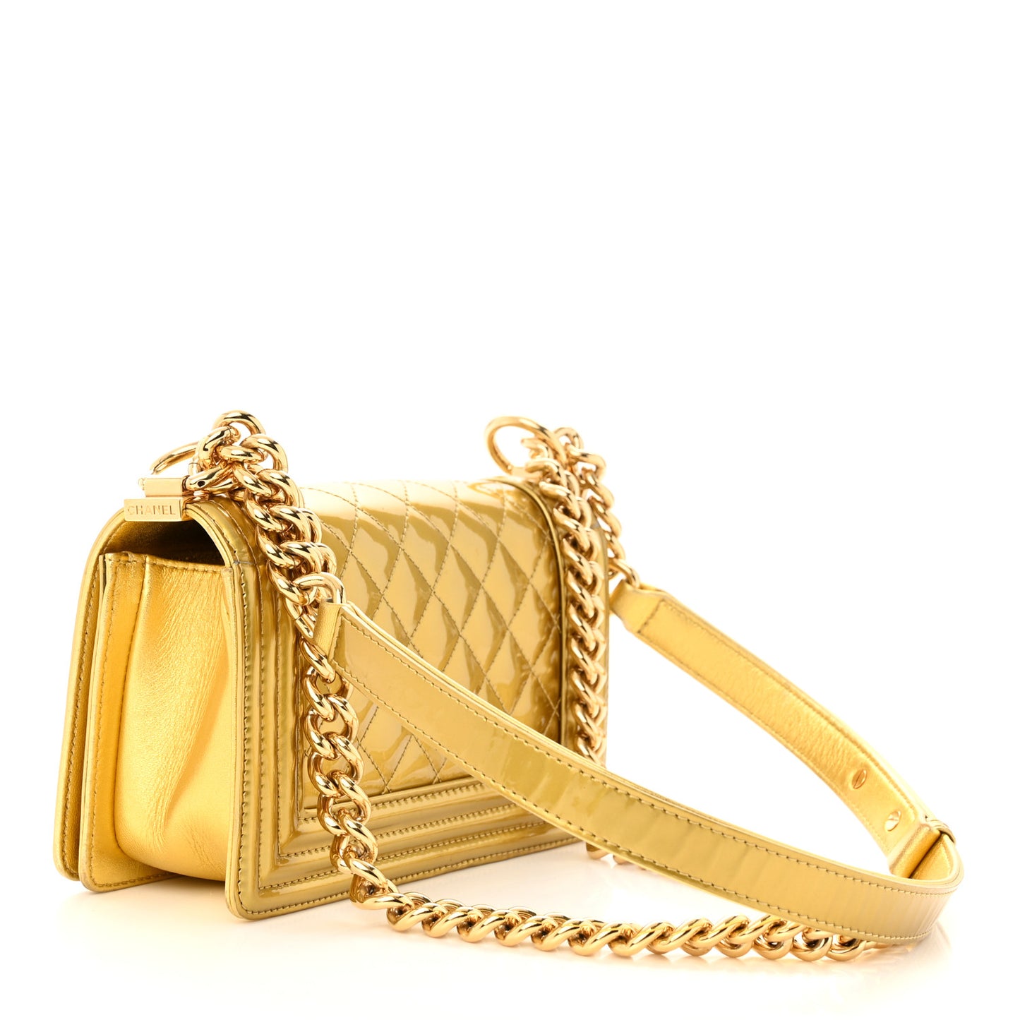 Metallic Patent Calfskin Quilted Small Boy Flap Gold