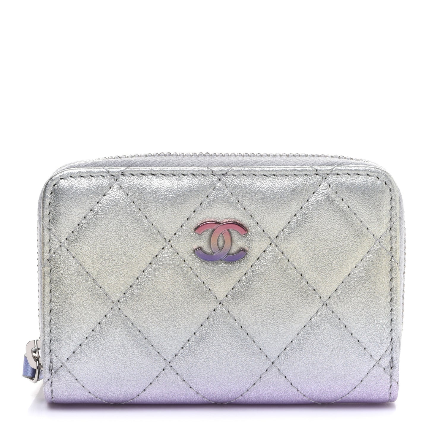 Gradient Metallic Calfskin Quilted Zip Around Coin Purse Wallet Silver Blue Yellow Purple