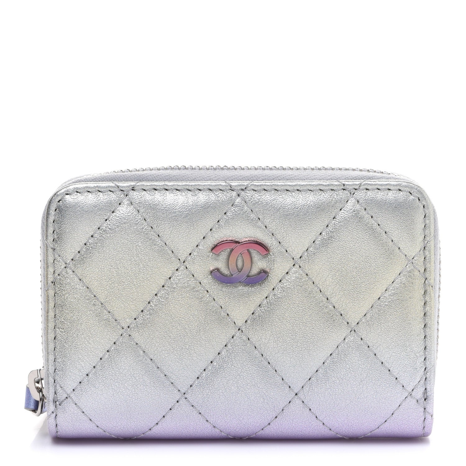 Chanel Gradient Metallic Calfskin Quilted Zip Around Coin Purse Wallet Silver Blue Yellow Purple 1 of 8