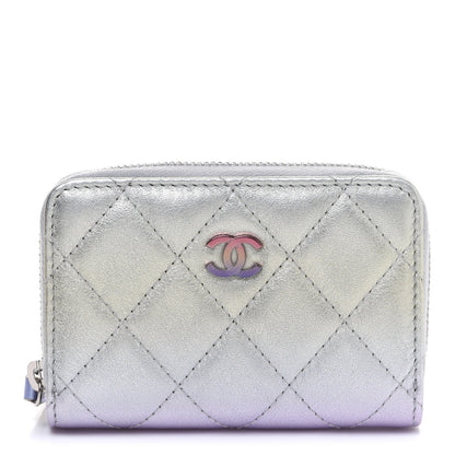 Chanel Gradient Metallic Calfskin Quilted Zip Around Coin Purse Wallet Silver Blue Yellow Purple 1 of 8