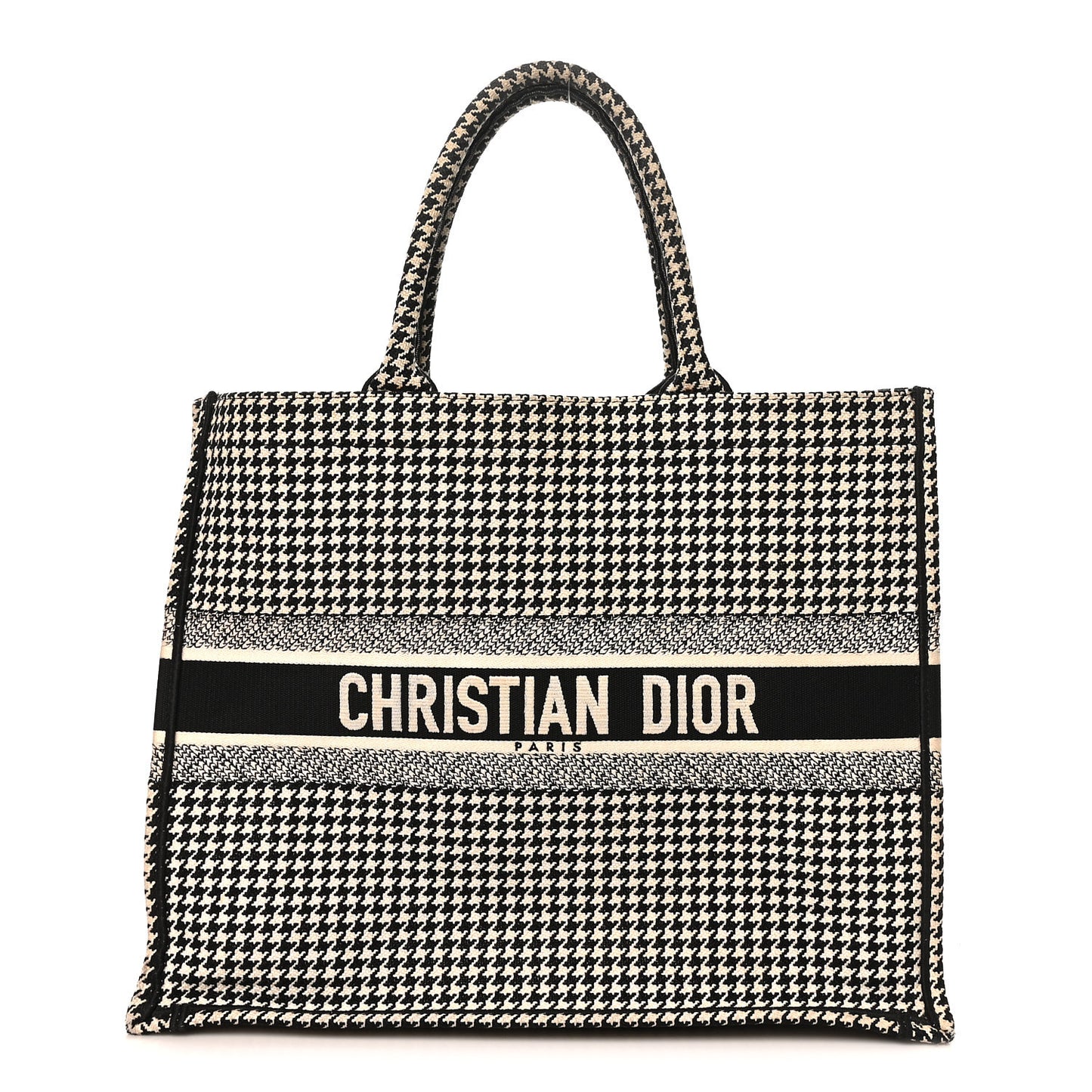 Canvas Houndstooth Embroidered Large Book Tote Black White