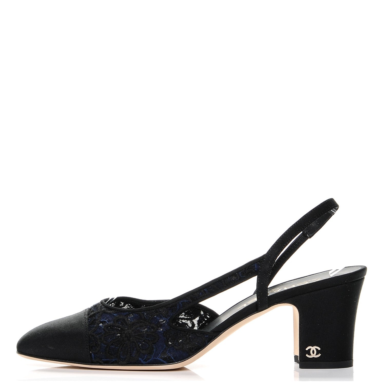 Chanel Lace Grosgrain Cap Toe CC Slingback Pumps 40 Navy Black 1 of 8