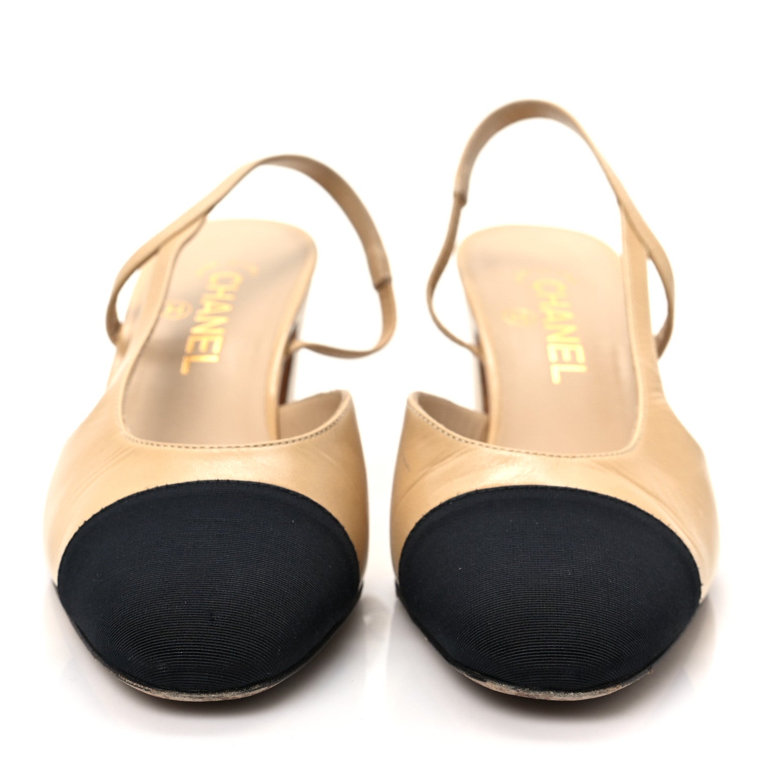 Chanel Lambskin Grosgrain Cap Toe CC Slingback Pumps 38.5 Beige Black 2 of 7