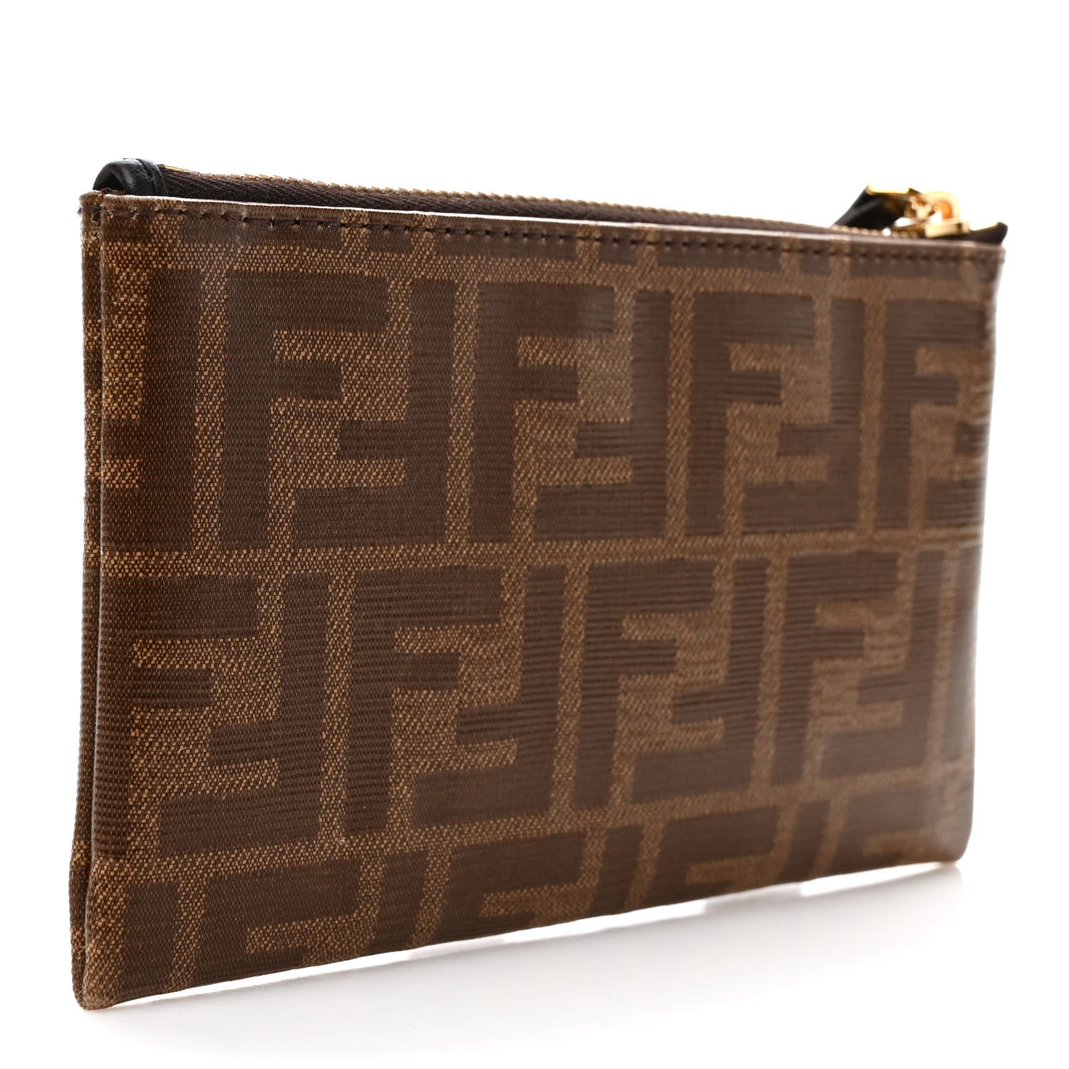 Fendi Glazed Fabric Vitello Century FF 1974 Stamp Patch XS FFreedom Flat Pouch Mogano Panna Black 3 of 7