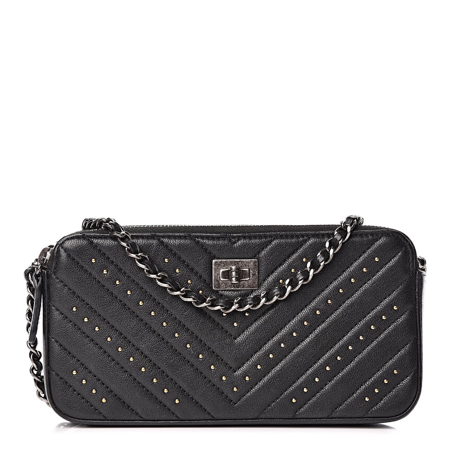 Sheepskin Chevron Quilted Studded Reissue Small Clutch With Chain Black