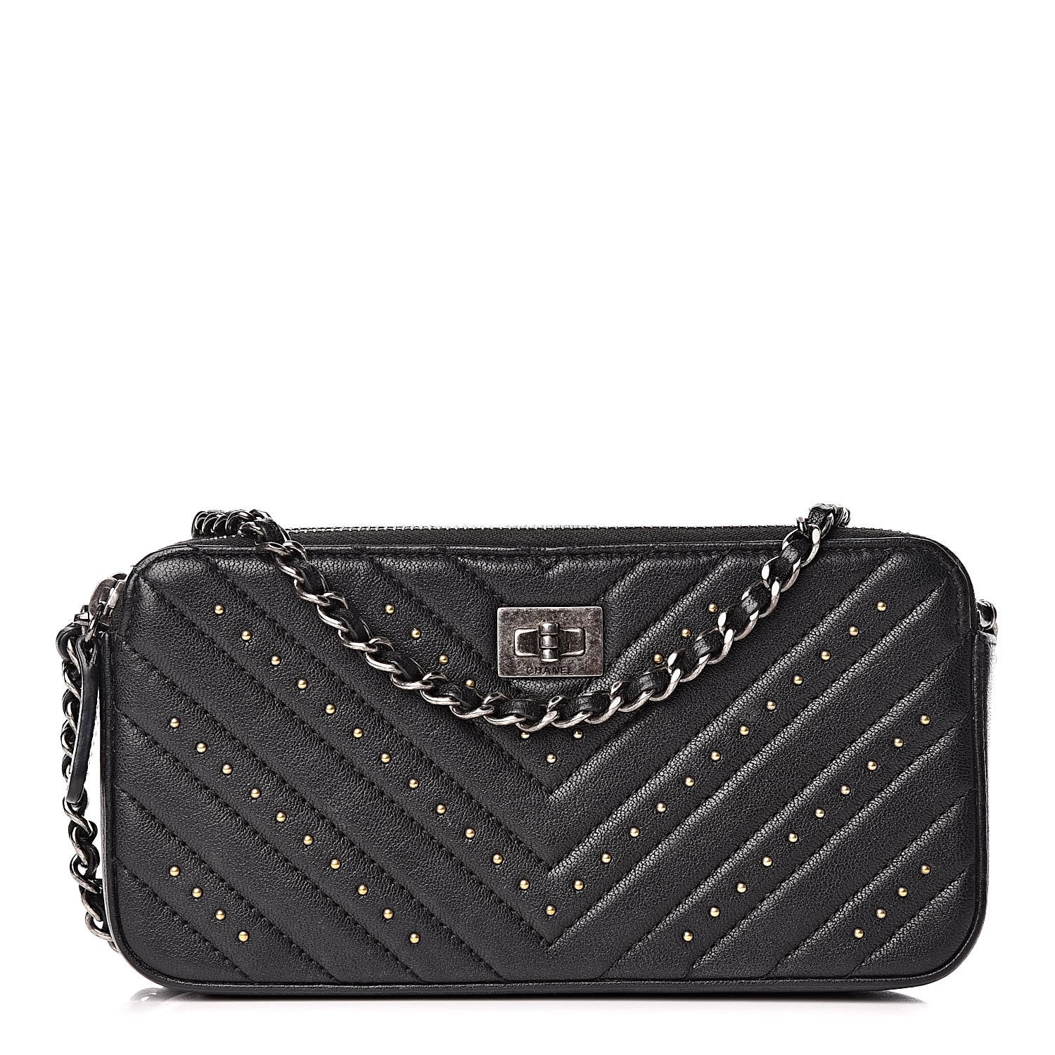 Chanel Sheepskin Chevron Quilted Studded Reissue Small Clutch With Chain Black 1 of 13